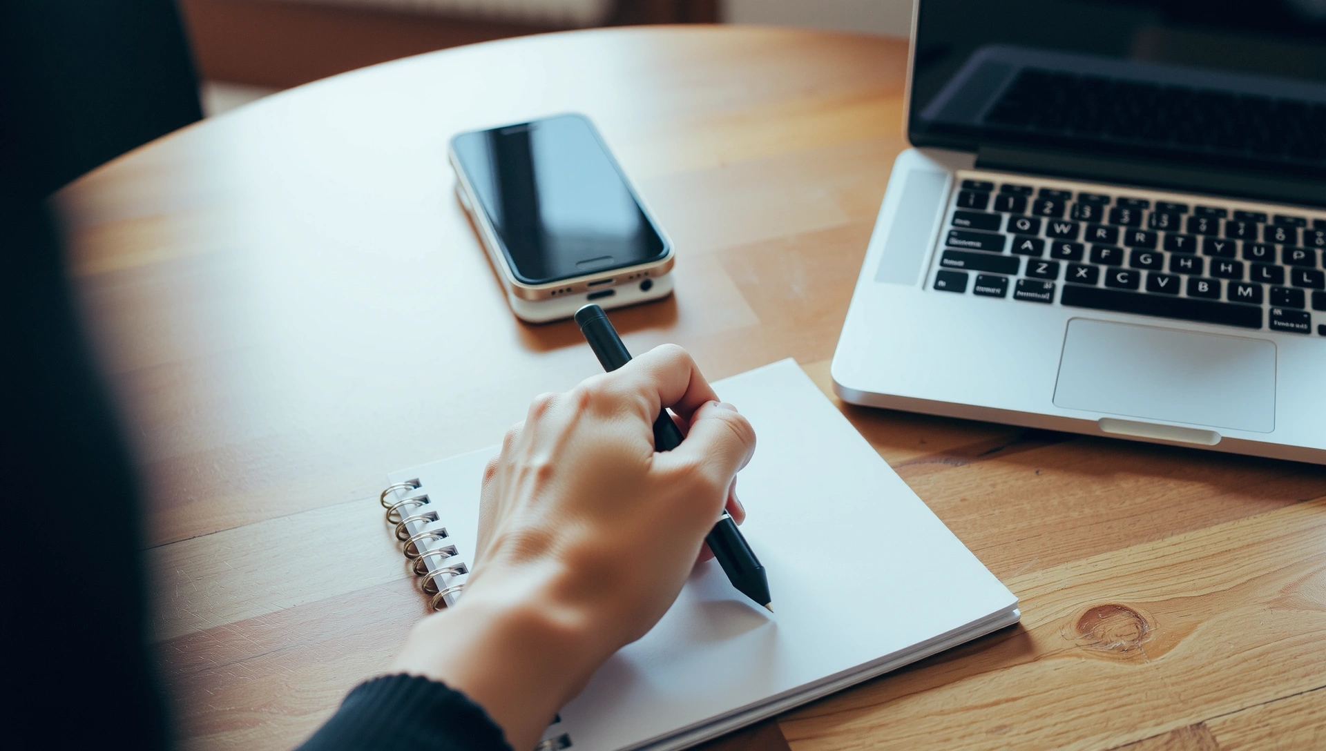 Mână scriind pe o foaie, alături de un telefon și un laptop, simbolizând comunicarea și contactul.