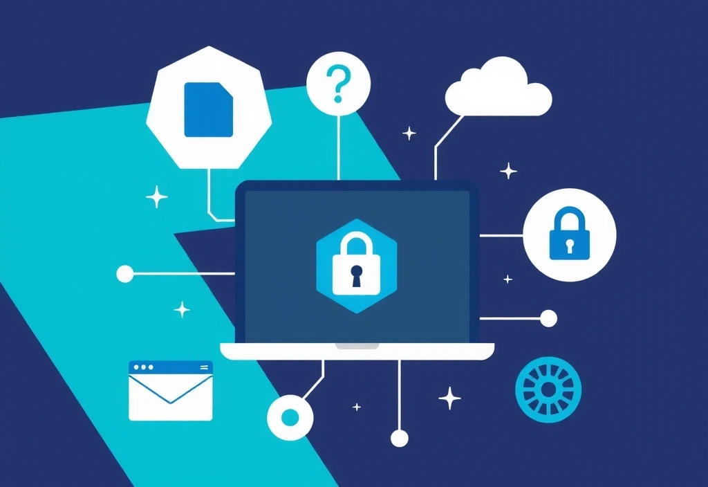 Ilustrație abstractă cu simboluri de securitate cibernetică și confidențialitate datelor