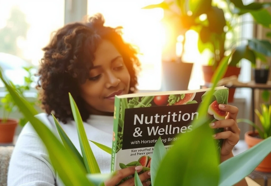 O persoană citind o carte despre nutriție într-un mediu natural, cu lumină caldă și plante luxuriante, simbolizând învățarea și natura.
