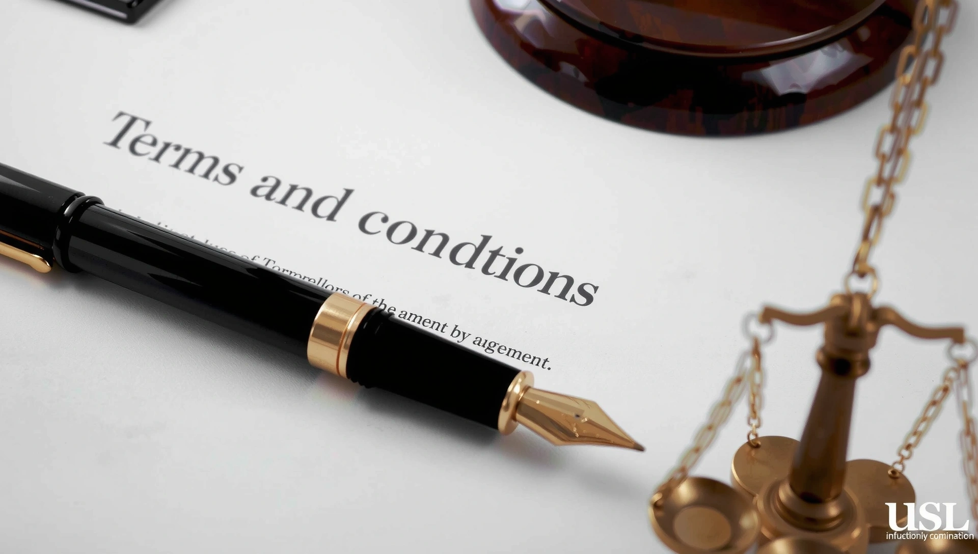 Abstract legal documents and a pen, symbolizing terms and conditions